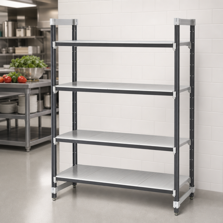 Product image #3 for Cambro Camshelving Elements XTRA 4-Tier Solid Stationary Starter Polymer Shelving Unit, 21" Deep x 54" Long x 64" High, Speckled Gray