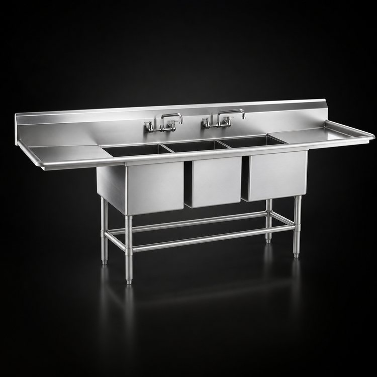 Product image #3 for Eagle Spec-Master FN Series 126" 3-Compartment Stainless Steel Commercial Sink with Left and Right 24" Drainboards