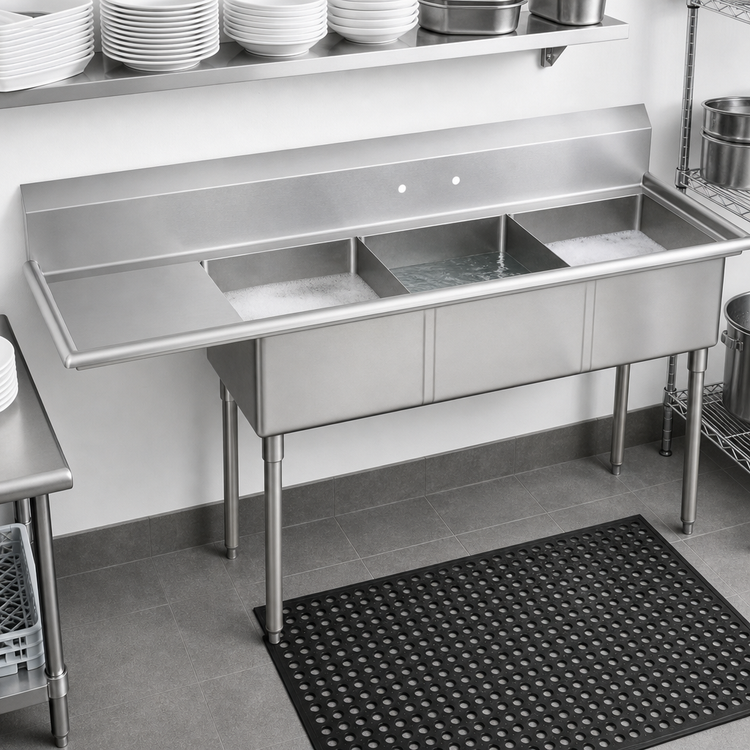 Product image #3 for BK Resources Three Compartment Stainless Steel Sink with 24-Inch Left Drainboard and 18 x 24 x 14-Inch Bowls