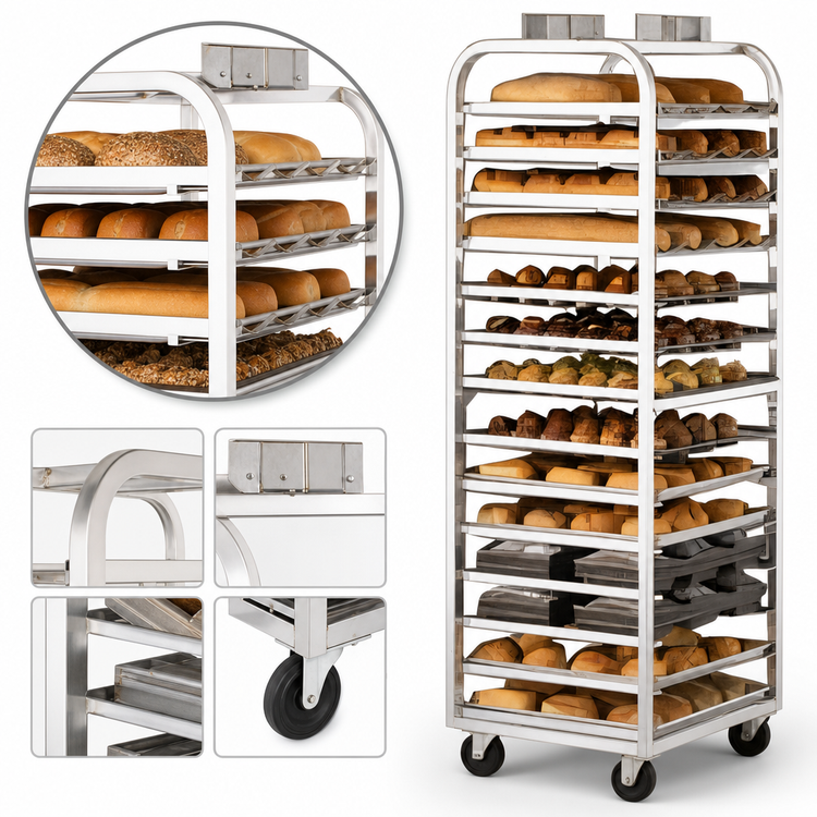 Product image #3 for Adamatic/Revent A-Style Roll-In Oven Rack with Stainless Steel Lift Bracket, 10-Pan Capacity