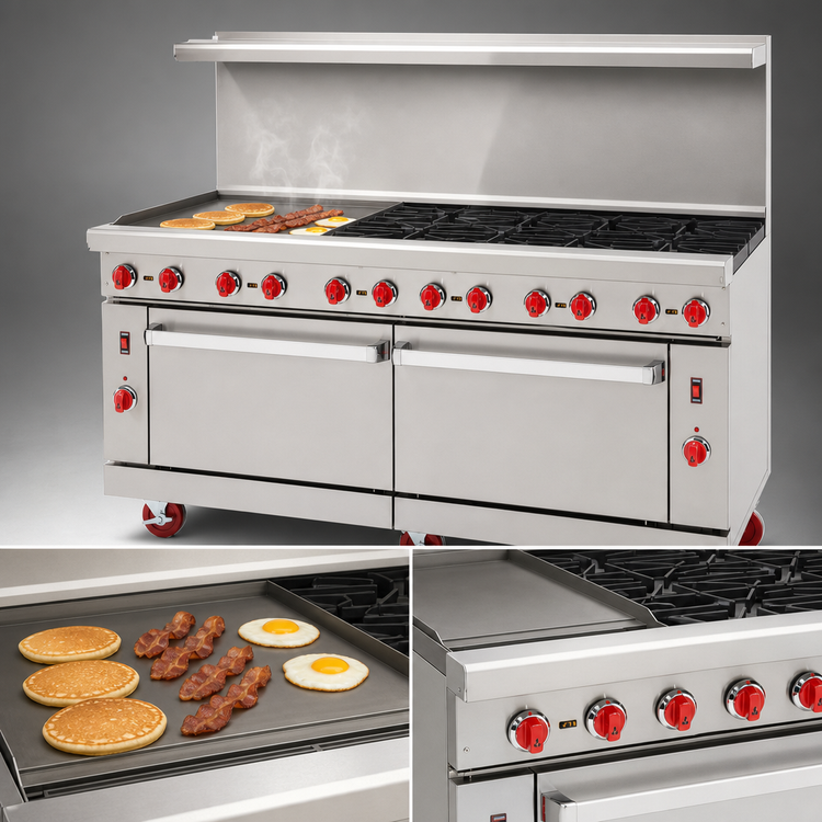 Product image #3 for American Range Green Flame 72-Inch Commercial Gas Range with 24-Inch Griddle, 8 Open Burners, and 2 Standard Ovens