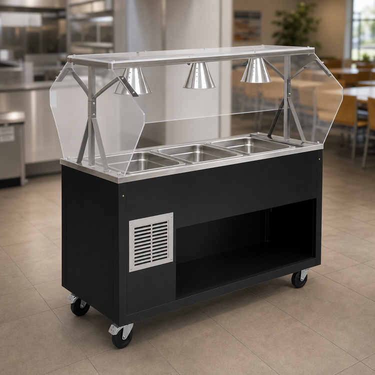 Product image #3 for Mobile Refrigerated Cafeteria Unit with Breath Guard, 3-Pan Stainless Steel Well and Open Storage Base