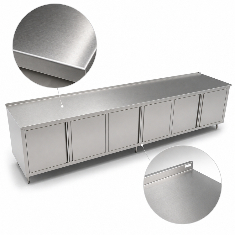 Product image #3 for John Boos 144-inch x 24-inch Enclosed Work Table with Cabinet Base, 14-Gauge 300-Series Stainless Steel Top, 1-1/2-Inch Rear Riser
