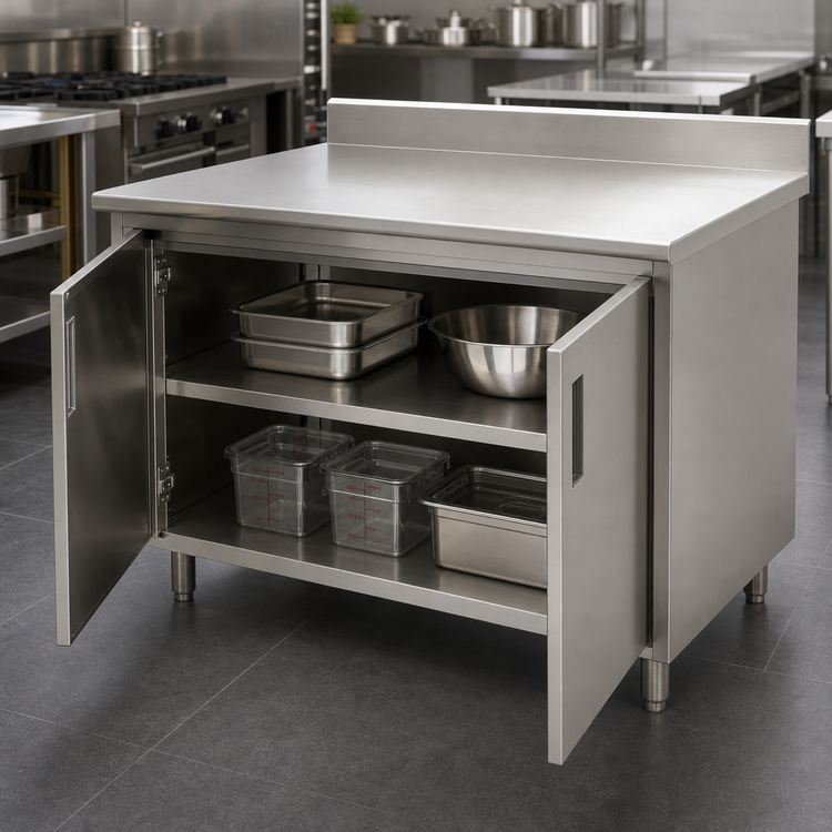 Product image #3 for Advance Tabco Special Value Economy Enclosed Work Table with Hinged Door Cabinet Base, 60 x 24 Inches, 16 Gauge 304 Stainless Steel Top, 5 Inch Backsplash