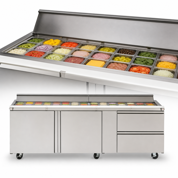 Product image #3 for Delfield Mega Top Three-Section Sandwich/Salad Prep Table Refrigerator, 72 Inch W, 30-Pan