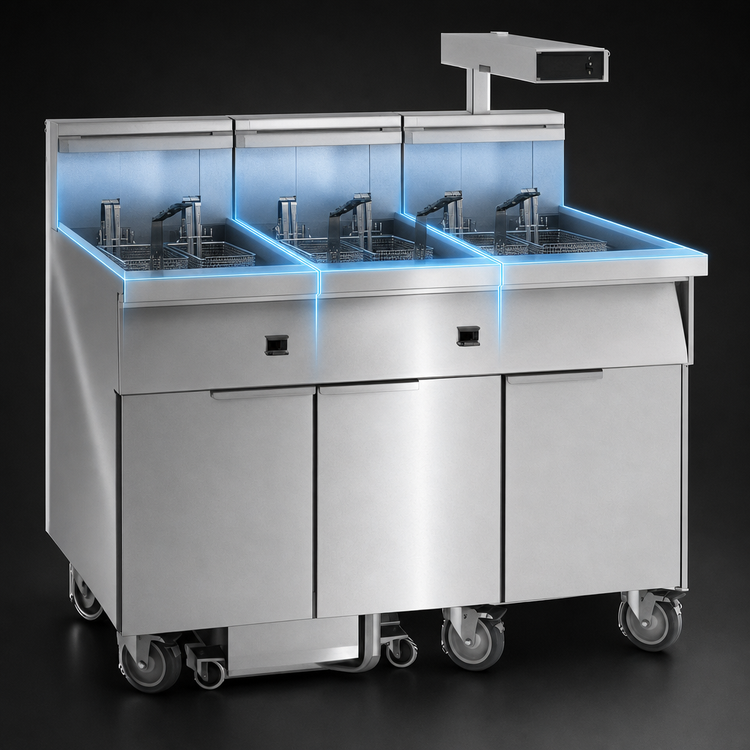 Product image #3 for Electric 3-Tank Floor Model Fryer with Built-In Filter System and Dump Station, 75 lb. per Tank