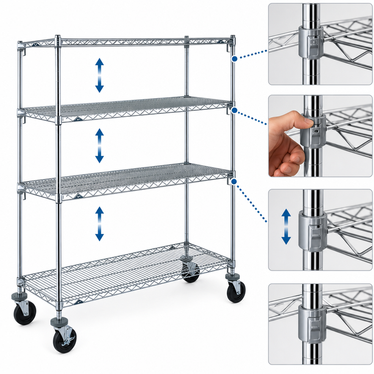 Product image #3 for Metro Super Erecta Super Adjustable Wire Stem Caster Cart with 4 Shelves, 60 x 21 x 67-7/8 Inches, Chrome