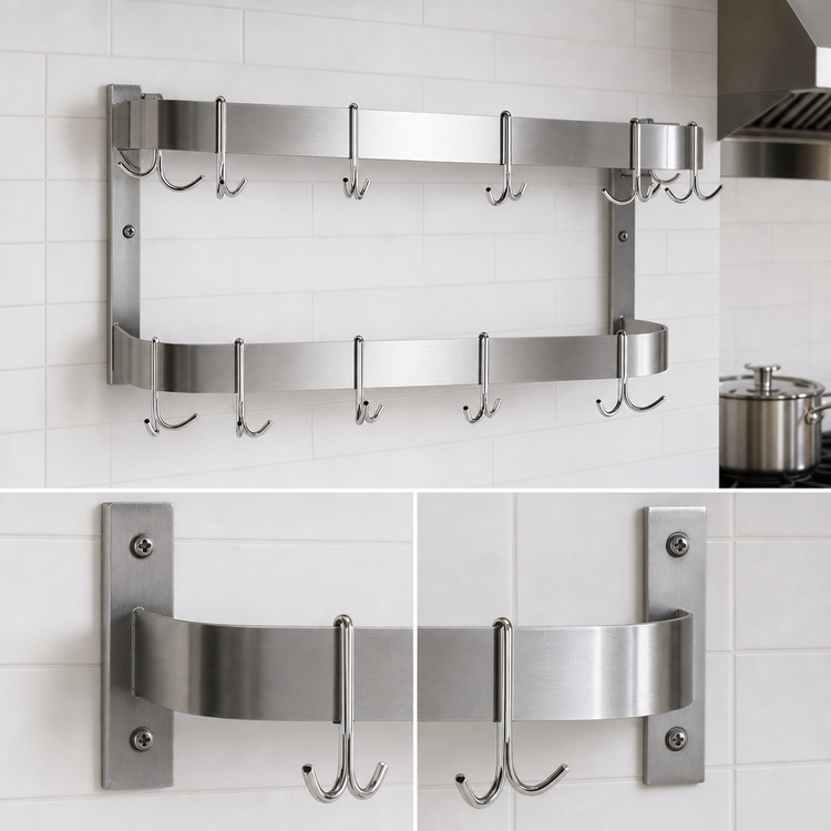 Product image #3 for Advance Tabco Special Value Series 96-Inch Wall-Mounted Double-Bar Stainless Steel Pot Rack with 18 Plated Hooks