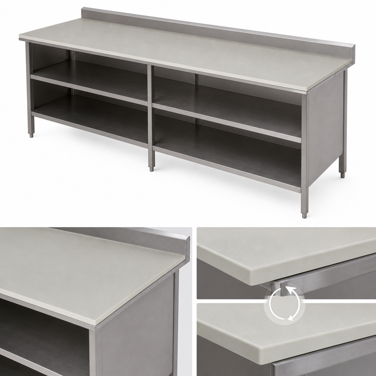 Product image #3 for John Boos 132-Inch x 30-Inch Poly Top Work Table with Open Front Stainless Steel Cabinet Base, 5-Inch Backsplash, and Undershelf