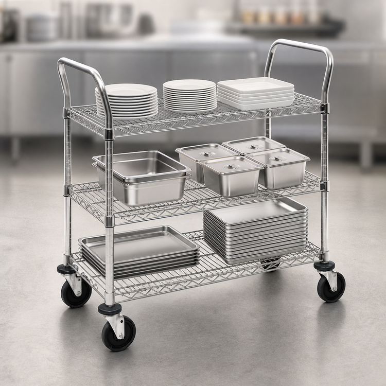 Product image #3 for Metro Super Erecta MW702 Standard Duty 3-Shelf Stainless Steel Utility Bus Cart