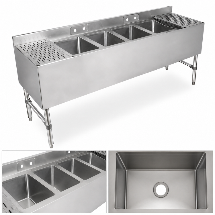 Product image #3 for John Boos Slim-Line 96-Inch 4-Compartment Underbar Sink Unit with Dual 24-Inch Drainboards