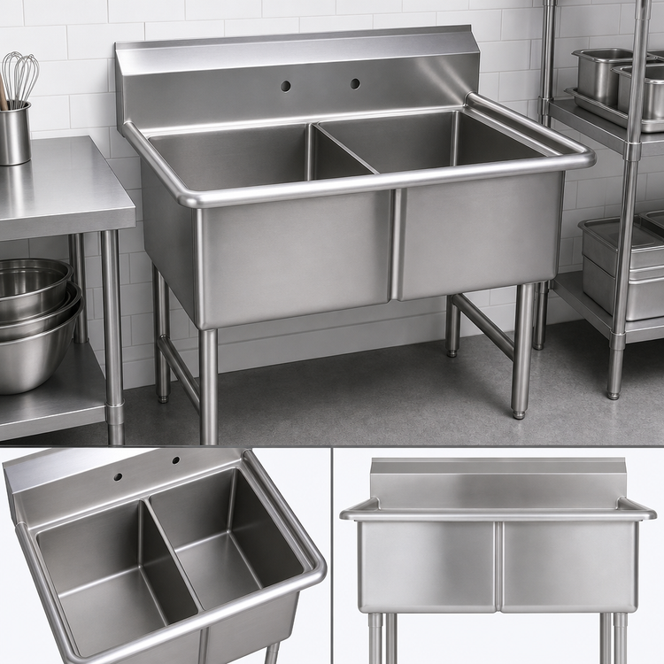 Product image #3 for BK Resources Two-Compartment 16-Gauge 304 Stainless Steel Compartment Sink with 16" x 20" x 14" Bowls