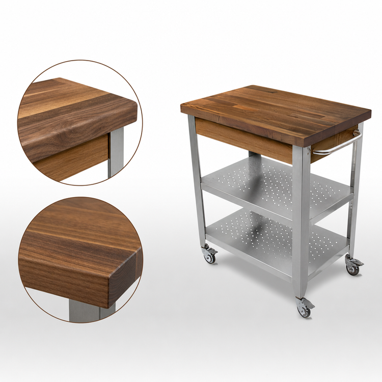 Product image #4 for John Boos Cucina Elegante 30-Inch x 20-Inch Mobile Walnut Butcher Block Cart with Stainless Steel Shelves, No Drawer