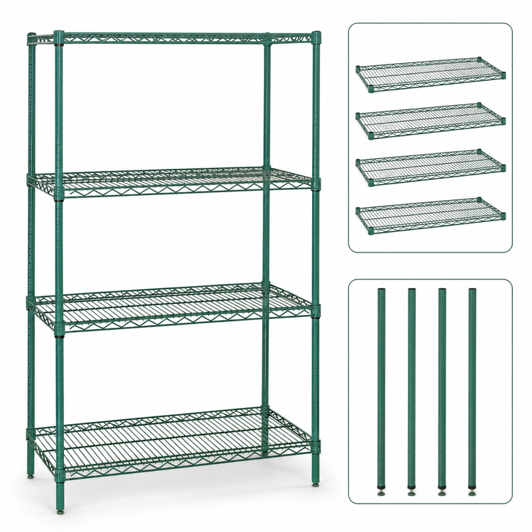Product image #3 for Quantum Wire Shelving Starter Kit, 60 x 12 x 86 Inch, 4 Shelves, Green Epoxy Antimicrobial Finish