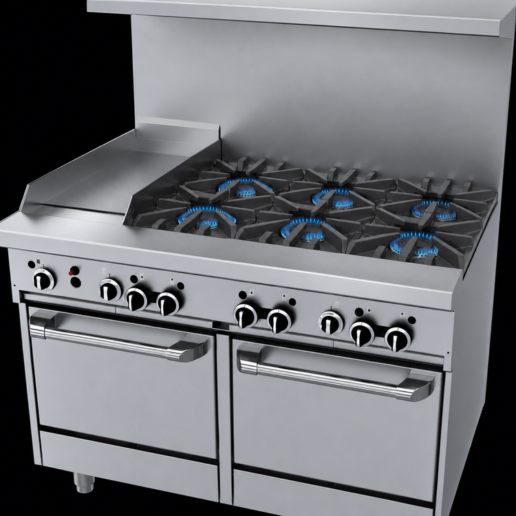 Product image #3 for Garland GF Starfire Pro 48-Inch Gas Restaurant Range with 6 Open Burners, 12-Inch Thermostatic Griddle, and 2 Space-Saver Ovens