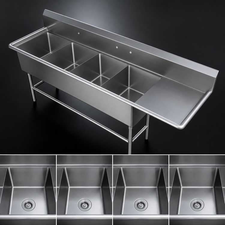 Product image #3 for John Boos Pro-Bowl 4-Compartment Commercial Sink with Right Drainboard, 20" x 20" x 14" Bowls, 14-Gauge Stainless Steel
