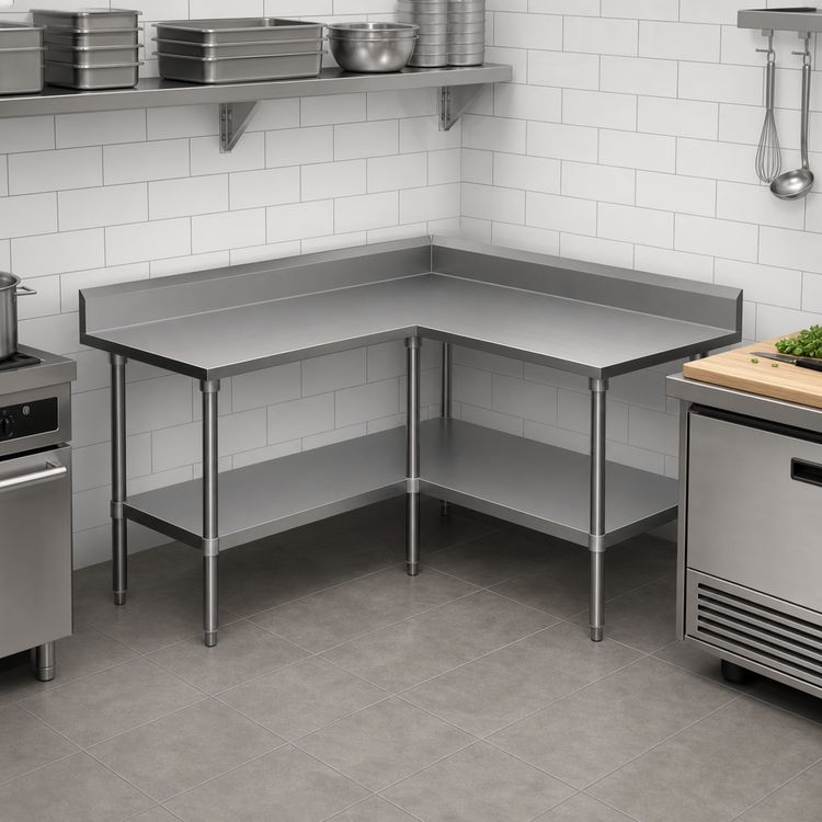 Product image #3 for John Boos L-Shaped Stainless Steel Corner Work Table with 5-Inch Backsplash and Adjustable Undershelf
