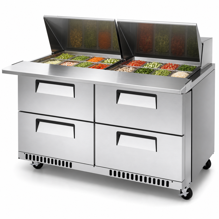Product image #3 for Turbo Air Super Deluxe 60-Inch Front Breathing Two-Section Sandwich/Salad Mega Top Refrigerated Prep Table with 4 Drawers