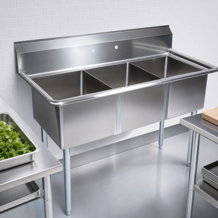 Product image #3 for John Boos E-Series 3-Compartment Stainless Steel Sink with Boxed Backsplash, 77 Inch W x 29-1/2 Inch D, 14 Inch Deep Compartments