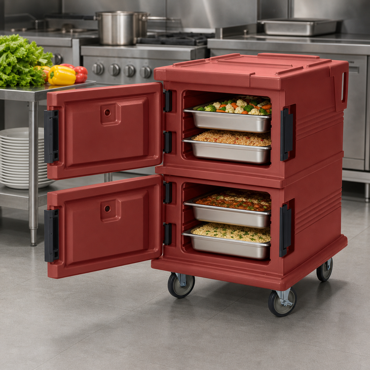 Product image #4 for Cambro Ultra Camcart Front-Loading Double-Compartment Insulated Food Pan Carrier, 16 Full-Size Pan Capacity, Brick Red