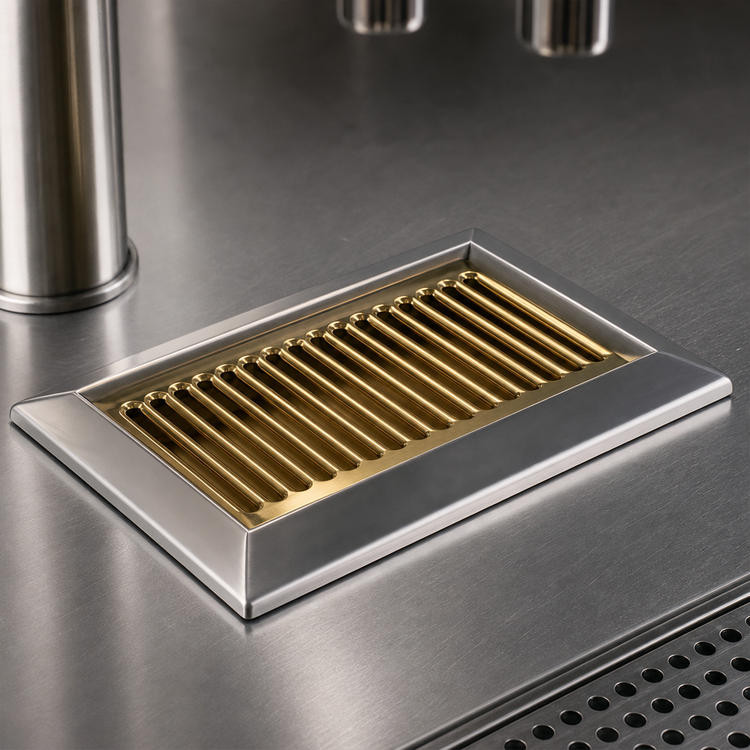 Product image #3 for Micro Matic Surface-Mount Stainless Steel Drip Tray Trough with Louvered PVD Brass Screen, 9 x 6-1/2 Inches