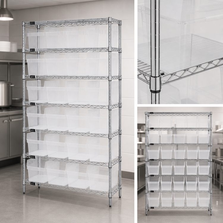 Product image #3 for Quantum 36-Inch Wide Chrome Bin Wire Shelving System with 8 Shelves and 28 Clear Bins