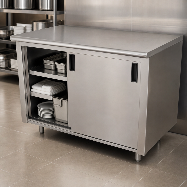 Product image #3 for Advance Tabco 96 Inch x 24 Inch Cabinet Base Stainless Steel Work Table with Sliding Doors and 14 Gauge 304 Top