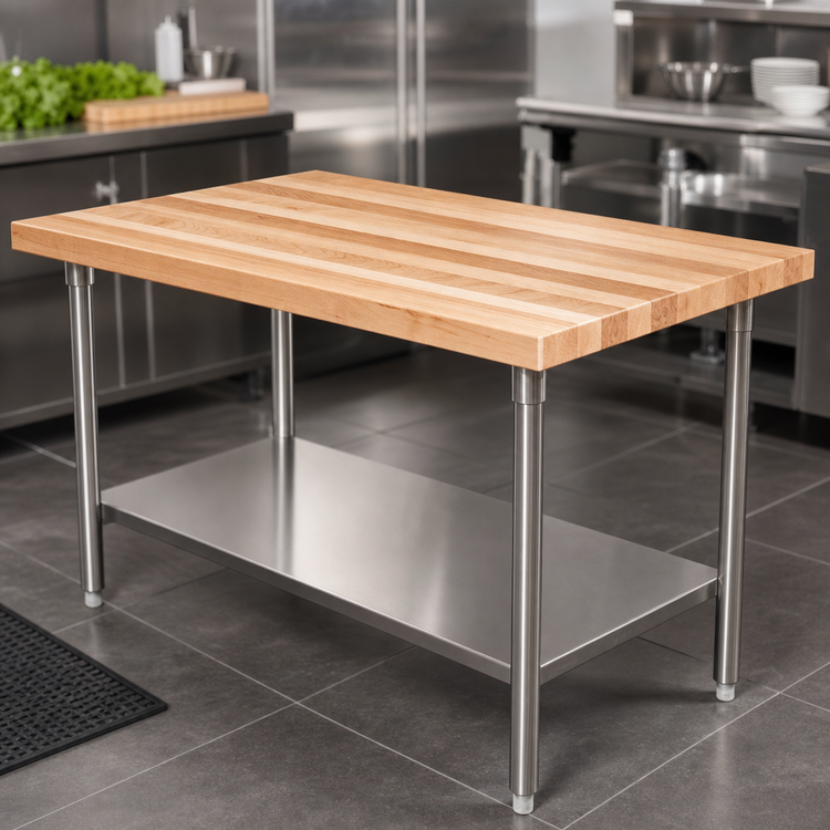 Product image #3 for John Boos 48-Inch x 24-Inch Northern Hard Rock Maple Wood Top Work Table with Stainless Steel Legs and Adjustable Undershelf