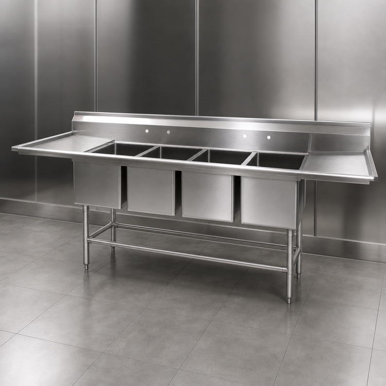 Product image #3 for Eagle Spec-Master FN Series 144" Four-Compartment Stainless Steel Commercial Sink with Dual 36" Drainboards