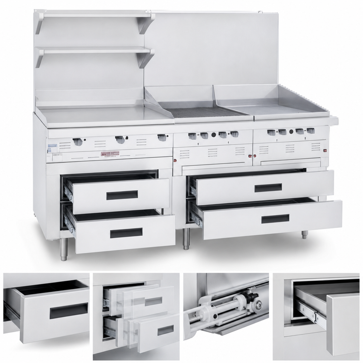 Product image #3 for Garland Arctic Fire 80-Inch Two-Section Self-Contained Freezer Base with 4 Self-Closing Drawers
