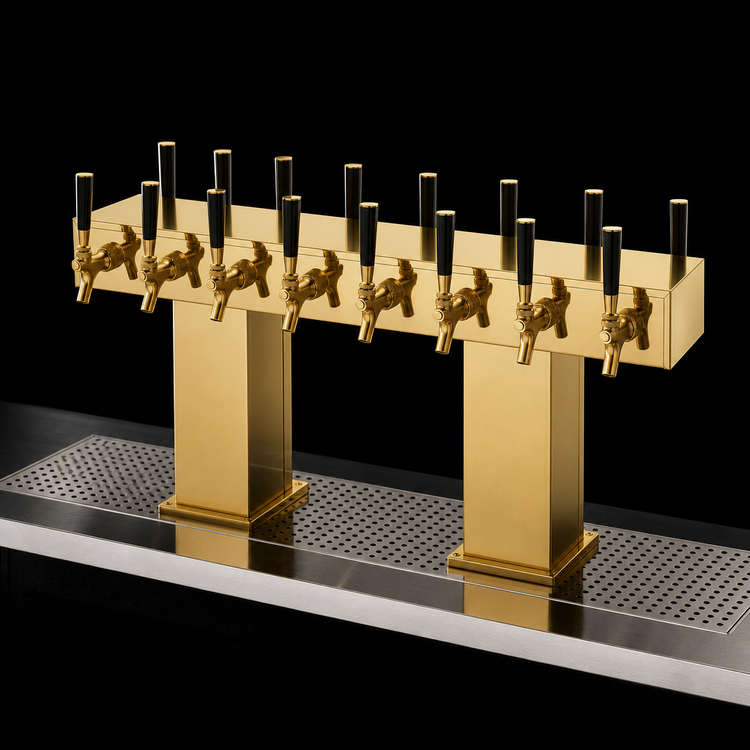 Product image #3 for Perlick 32-Faucet Back-to-Back Bridge Tee Glycol-Cooled Countertop Draft Beer Tower, Brass Finish