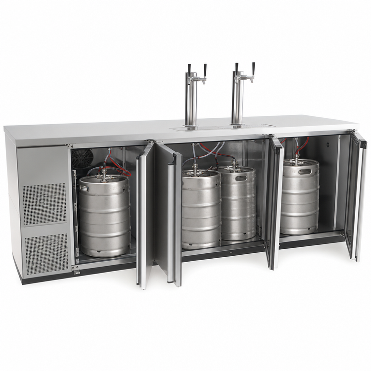 Product image #3 for Pro-Line E-Series Three-Section 5-Keg Direct Draw Draft Beer Cooler, Stainless Steel, 95-1/2 Inch W, 4 Faucets