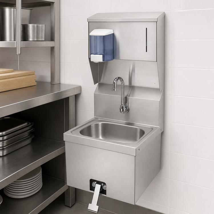 Product image #3 for Krowne HS-16 Wall-Mounted Stainless Steel Hand Sink with Soap & Towel Dispenser and Knee Pedal Valves