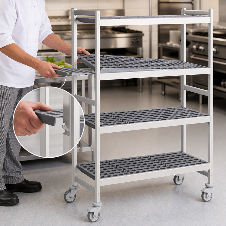 Product image #3 for Fermostock 4-Tier Mobile Perforated Polymer Shelving Unit, 42"W x 14"D x 71"H