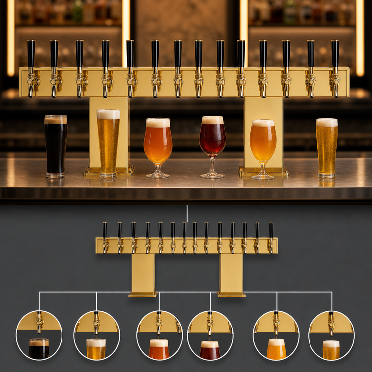 Product image #3 for Perlick Extra High Countertop Bridge Tee Glycol-Cooled Draft Beer Tower, Tarnish-Free Brass, 24 Faucets