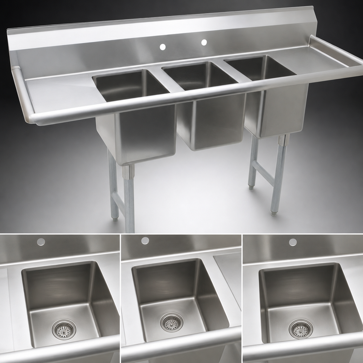 Product image #3 for Advance Tabco 3-Compartment Convenience Store Sink with Dual Drainboards and Open Frame Base, 70-Inch, 304 Stainless Steel