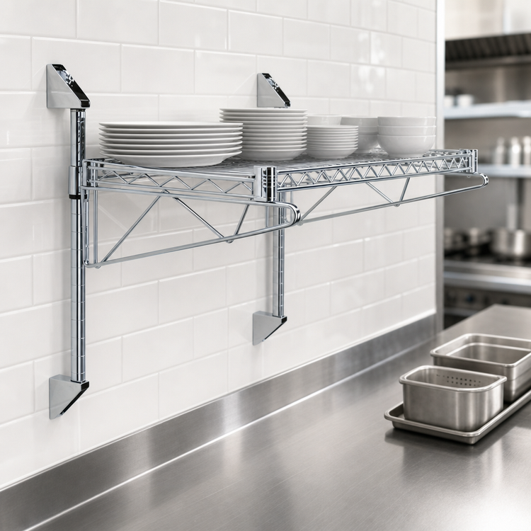 Product image #3 for Quantum Wall-Mount Cantilever Single Shelf Wire Shelving Unit, 60W x 21D, Chrome Plated