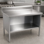 Thumbnail image #3 for John Boos EBOS4R5-30132 Stainless Steel Open Front Work Table, 132 x 30 Inches, 14-Gauge 300 Series Top, 5-Inch Backsplash