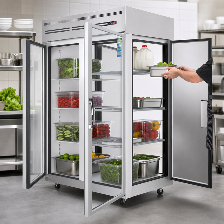 Product image #3 for Everest Refrigeration 49-5/8-Inch Wide Two-Section Pass-Thru Reach-In Refrigerator, 48 Cu. Ft., Stainless Steel, Glass Front/Solid Rear Doors