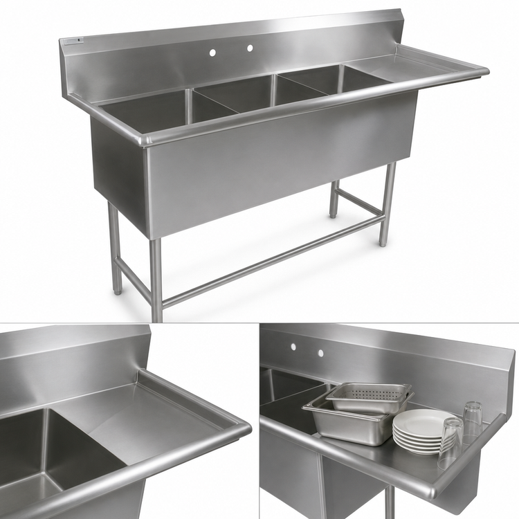 Product image #3 for John Boos Pro-Bowl 3-Compartment Sink with 24-Inch Right-Hand Drainboard, 24" x 24" x 12" Bowls