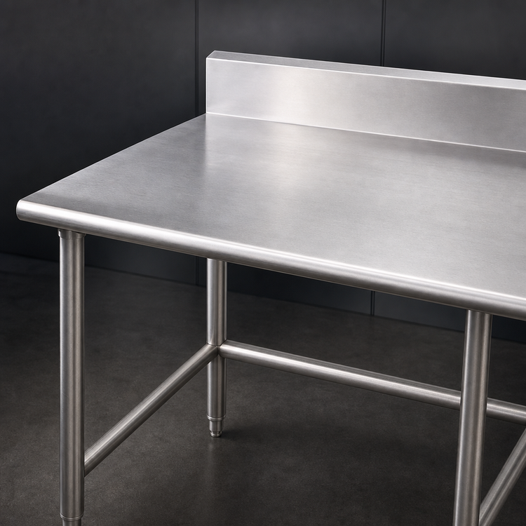Product image #3 for Advance Tabco 84 Inches x 36 Inches 16 Gauge 430 Stainless Steel Work Table with 5-Inch Backsplash and Open Crossrail Base