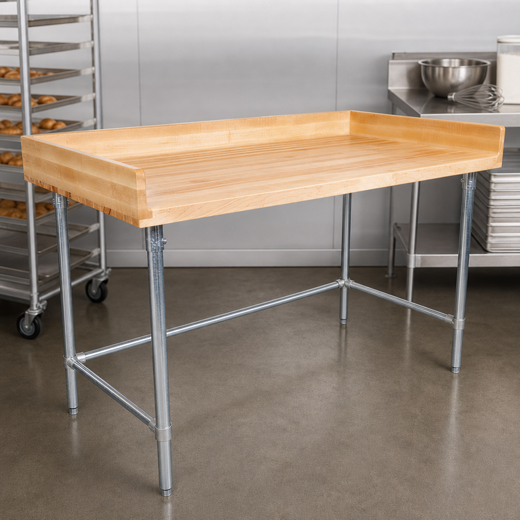 Product image #3 for BK Resources 48-Inch x 30-Inch Stainless Steel Open Base Bakers Table with 1-3/4-Inch Hard Maple Top