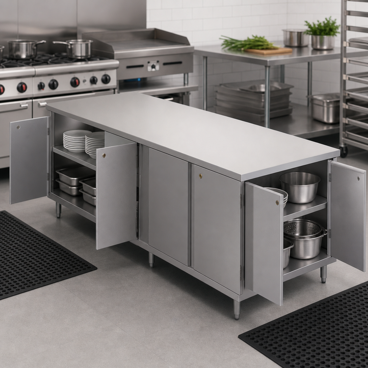 Product image #3 for BK Resources Dual-Access Stainless Steel Chef Table with Cabinet Base and Locking Hinged Doors, 96 x 30 Inch