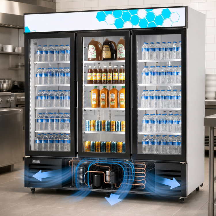 Product image #3 for Migali Competitor Series 3-Section Reach-In Glass Door Refrigerator Merchandiser, 72 Cu. Ft., Bottom-Mount Self-Contained, White