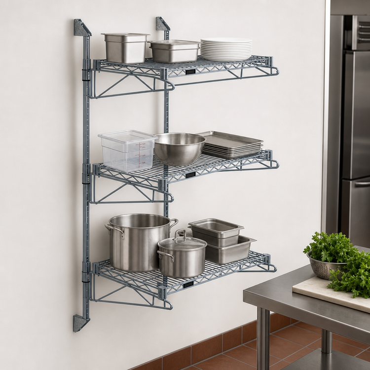Product image #3 for Quantum Wall-Mounted Cantilever Wire Shelf Starter Unit with 3 Shelves, Gray Epoxy Finish