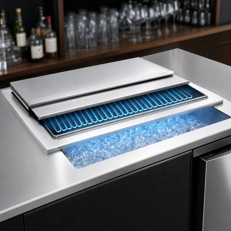 Product image #3 for Glastender Drop-In Ice Bin with Built-In 10 Circuit Cold Plate and Sliding Stainless Steel Cover, 26 x 19 Inches, 71 lb Capacity