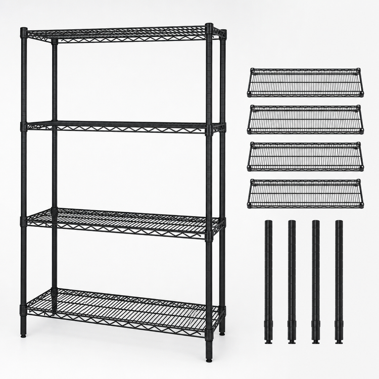 Product image #3 for Quantum Stationary Wire Shelving Starter Kit, 72W x 24D x 63H, 4 Shelves, Black Epoxy Antimicrobial Finish