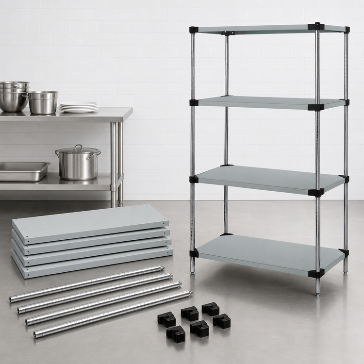 Product image #3 for Quantum Solid Stainless Steel Shelving Starter Kit, 72"W x 14"D x 63"H, 4 Shelves, 4 Posts