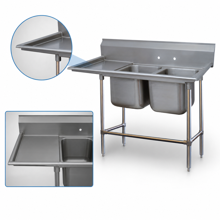 Product image #3 for Advance Tabco Regaline 2-Compartment Sink with Left-Hand Drainboard, 20" x 20" Bowls, 14-Gauge 304 Stainless Steel