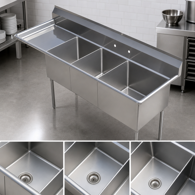 Product image #3 for 3-Compartment Stainless Steel Commercial Sink with Left Drainboard, 62-1/2" W x 20-1/2" D